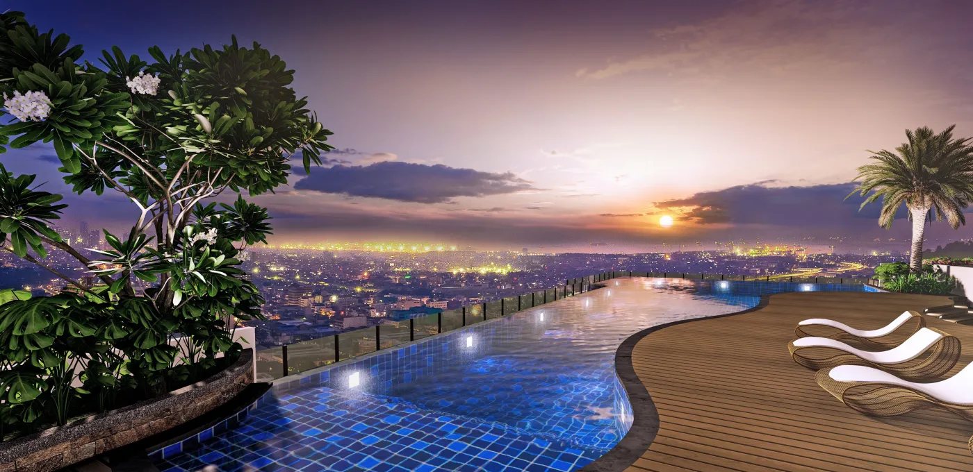The Calinea Tower Sky Deck Pool at sunset