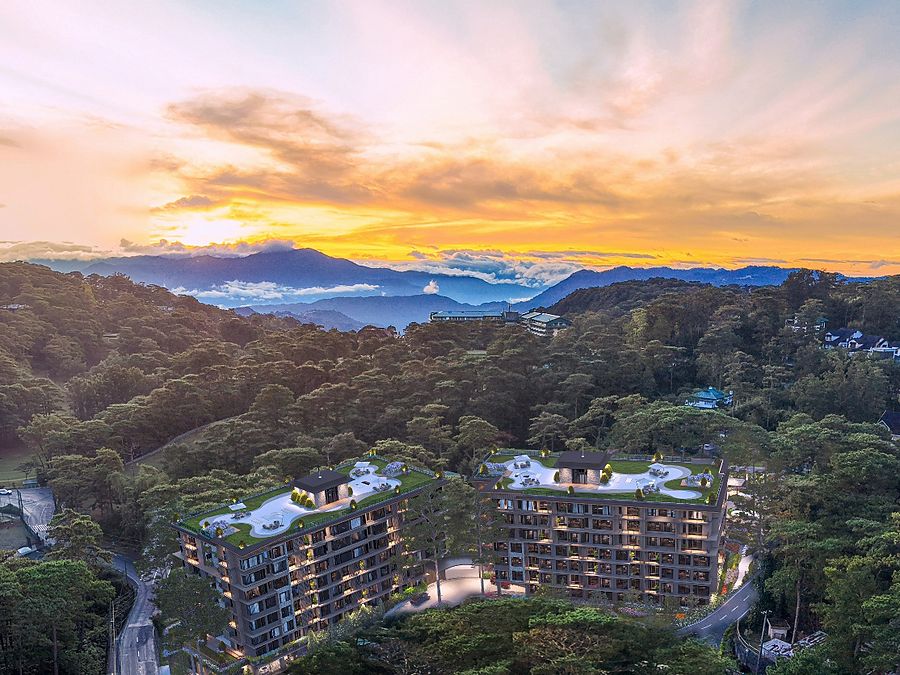 One South Drive, Baguio City — aerial view over the pine forest at sunrise. Architect's visualisation.