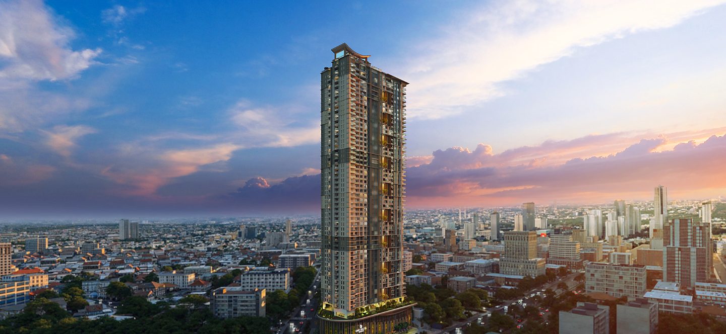 One Delta Terraces by DMCI Homes at dusk — West Avenue corner Quezon Avenue, West Triangle, Quezon City. Architect's perspective.