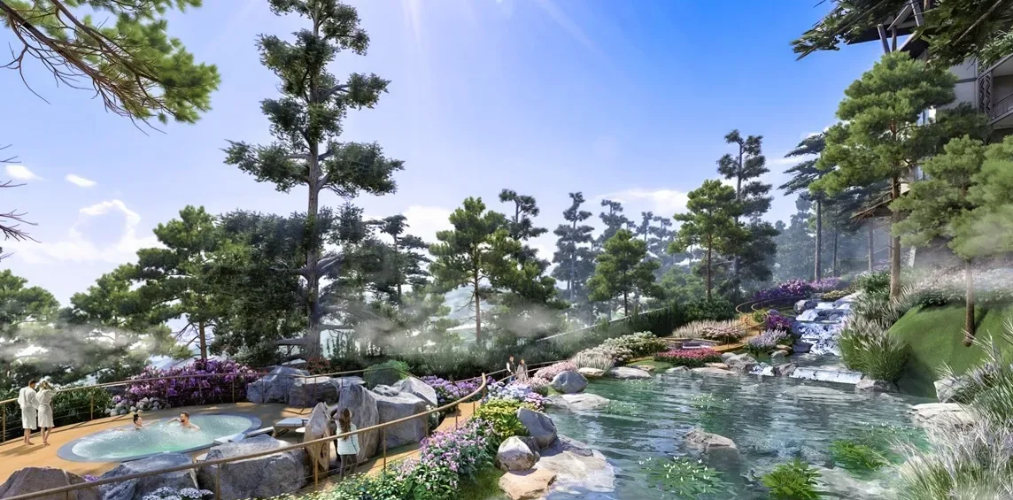 Landscaped stream through the water garden at Moncello Crest