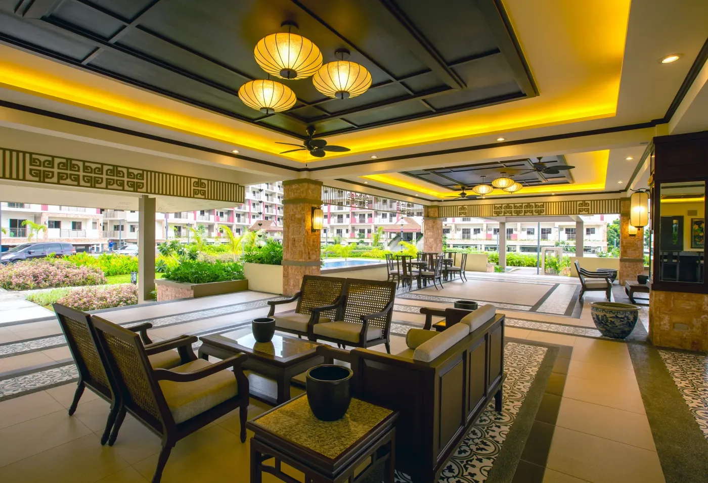 Open-air lounge area at Mulberry Place
