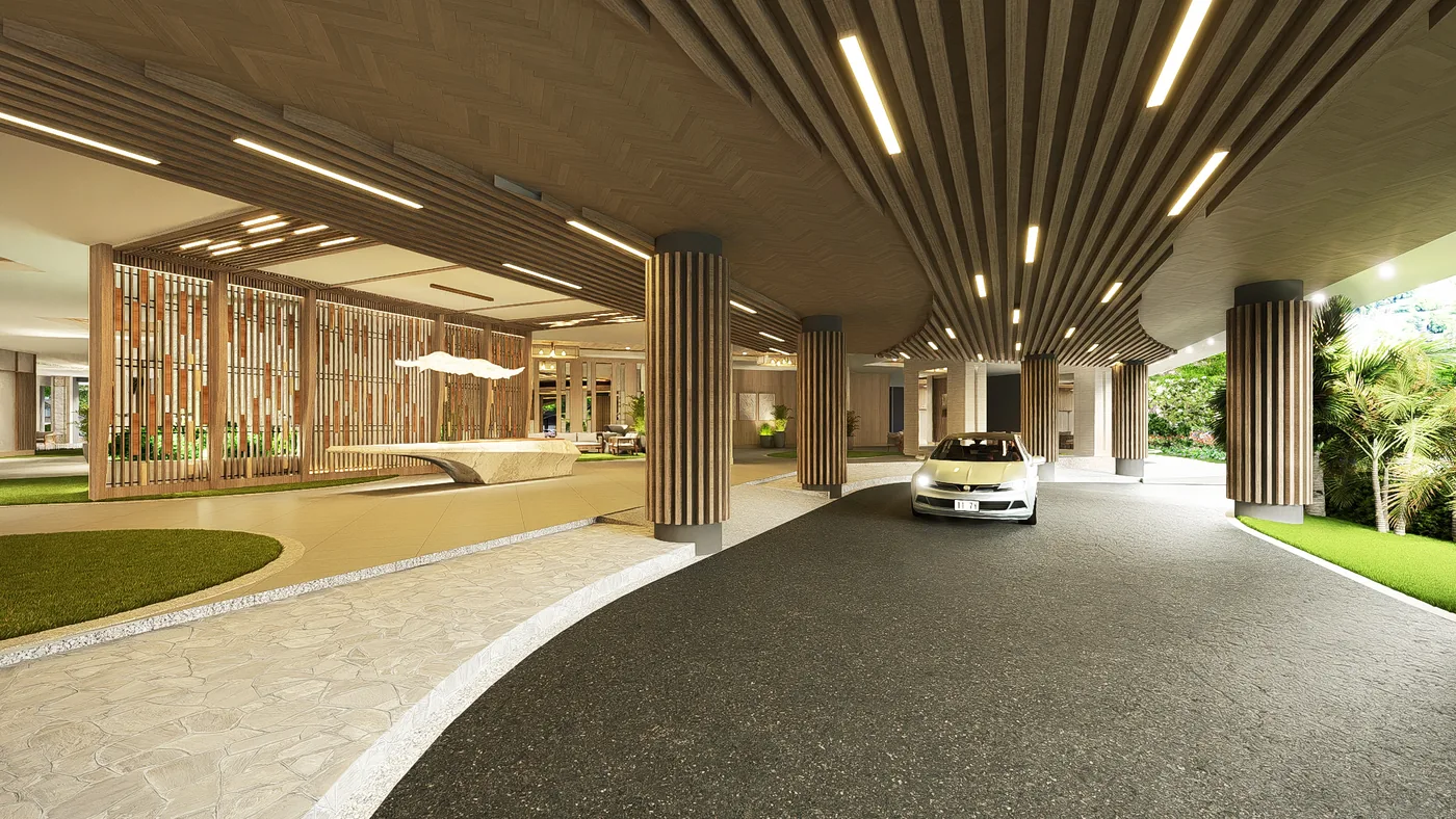 Covered drop-off and arrival court at One Delta Terraces
