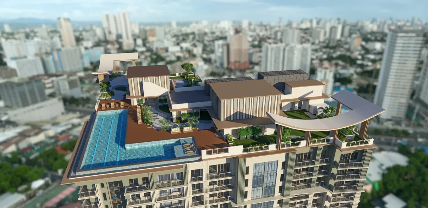Aerial view of the roof deck amenity level at One Delta Terraces