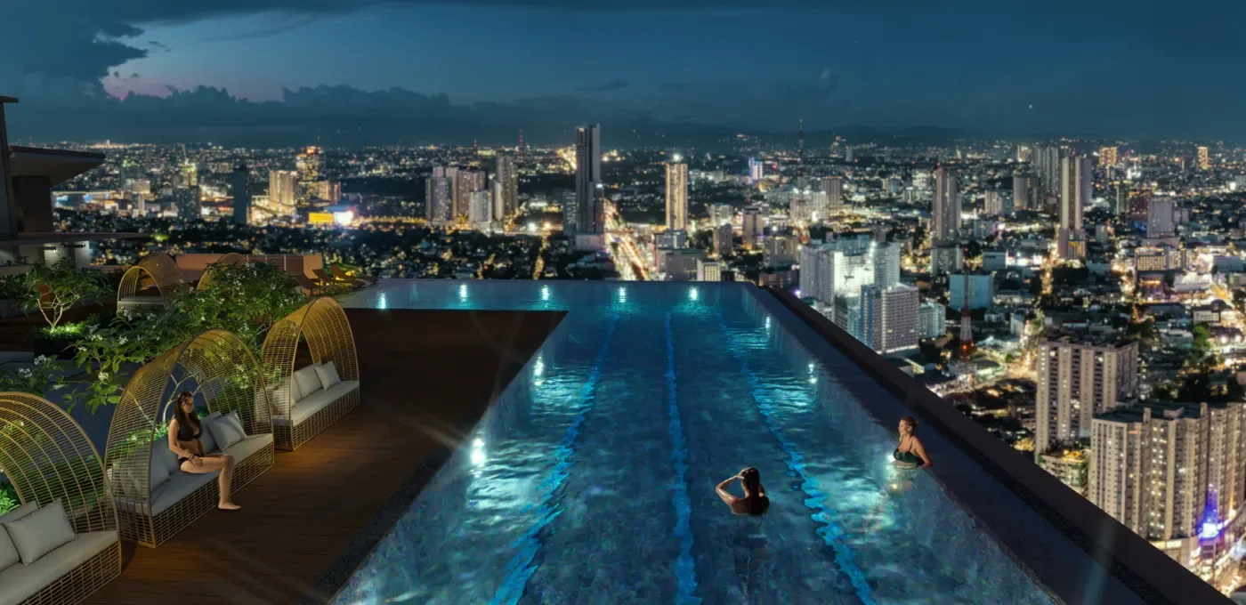 Skydeck pool at One Delta Terraces overlooking the Quezon City skyline
