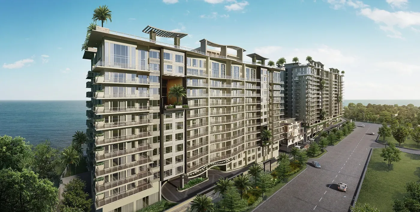 Aston building facade at Oak Harbor Residences, waterfront view