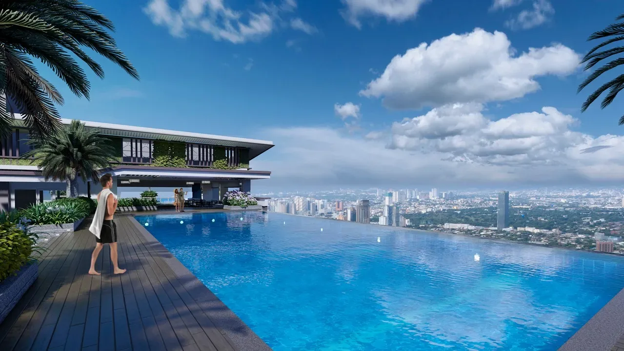 Sky deck pool at Sage Residences overlooking the Metro Manila skyline