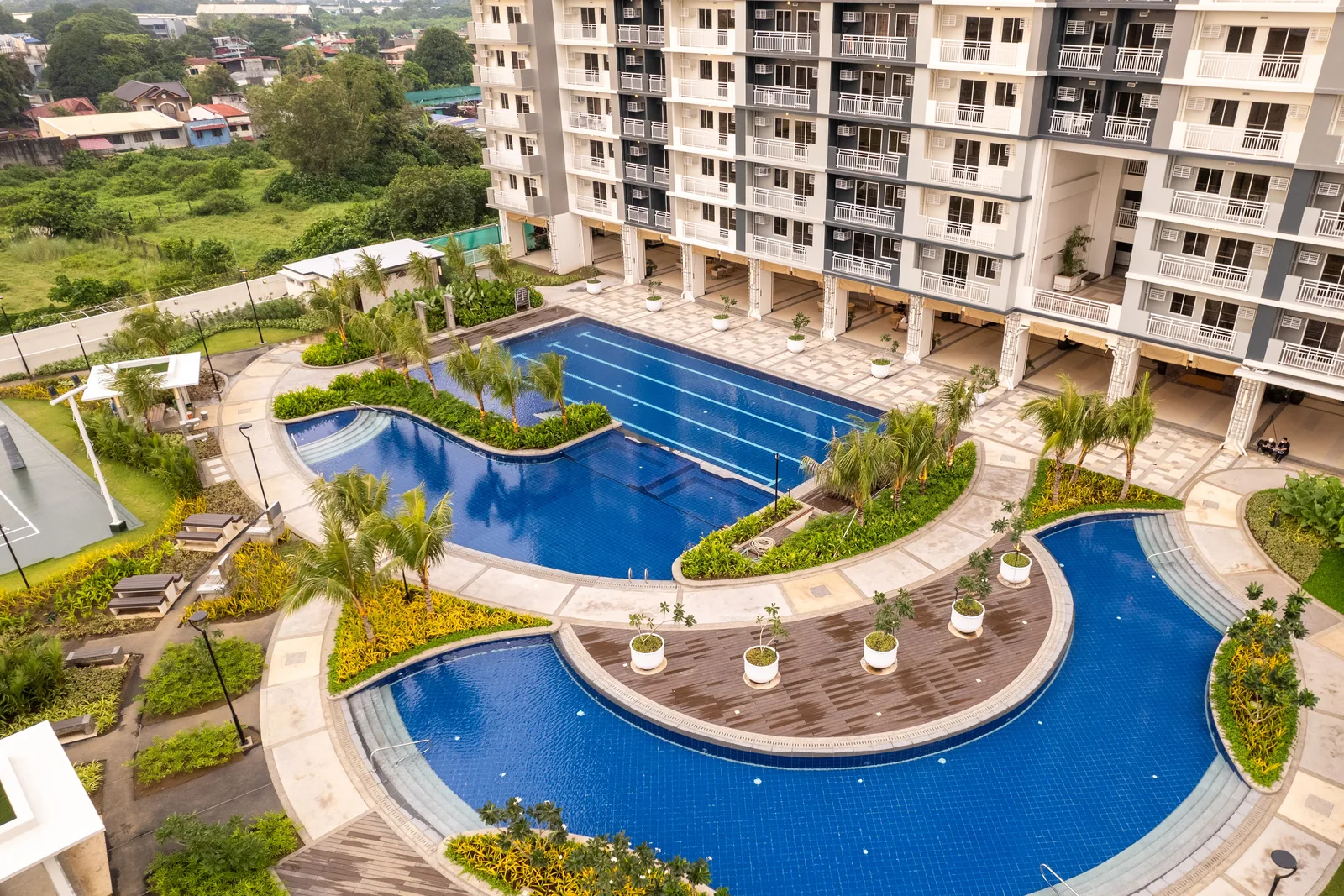 Drone aerial of the pool deck at Sonora Garden Residences