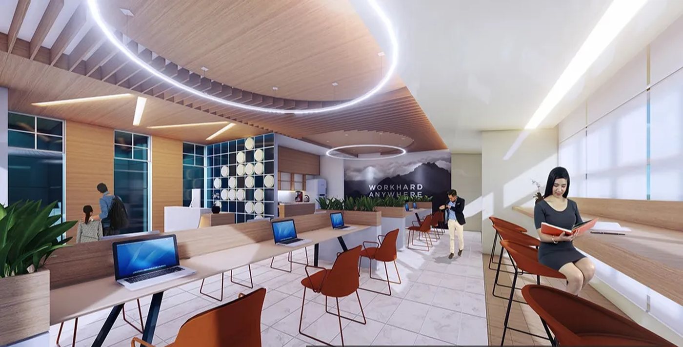The Oriana co-working space with desks and lounge seating