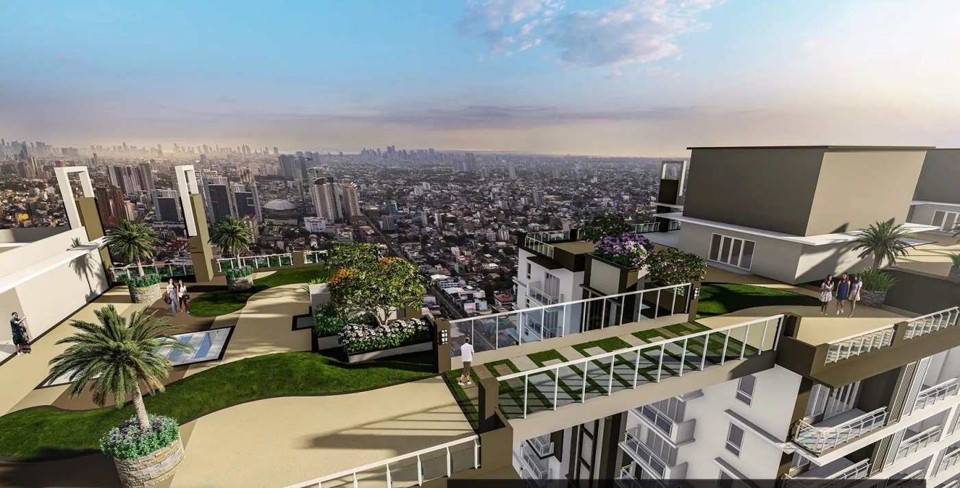 The Oriana Sky Bridge connecting the two towers with a view over Quezon City