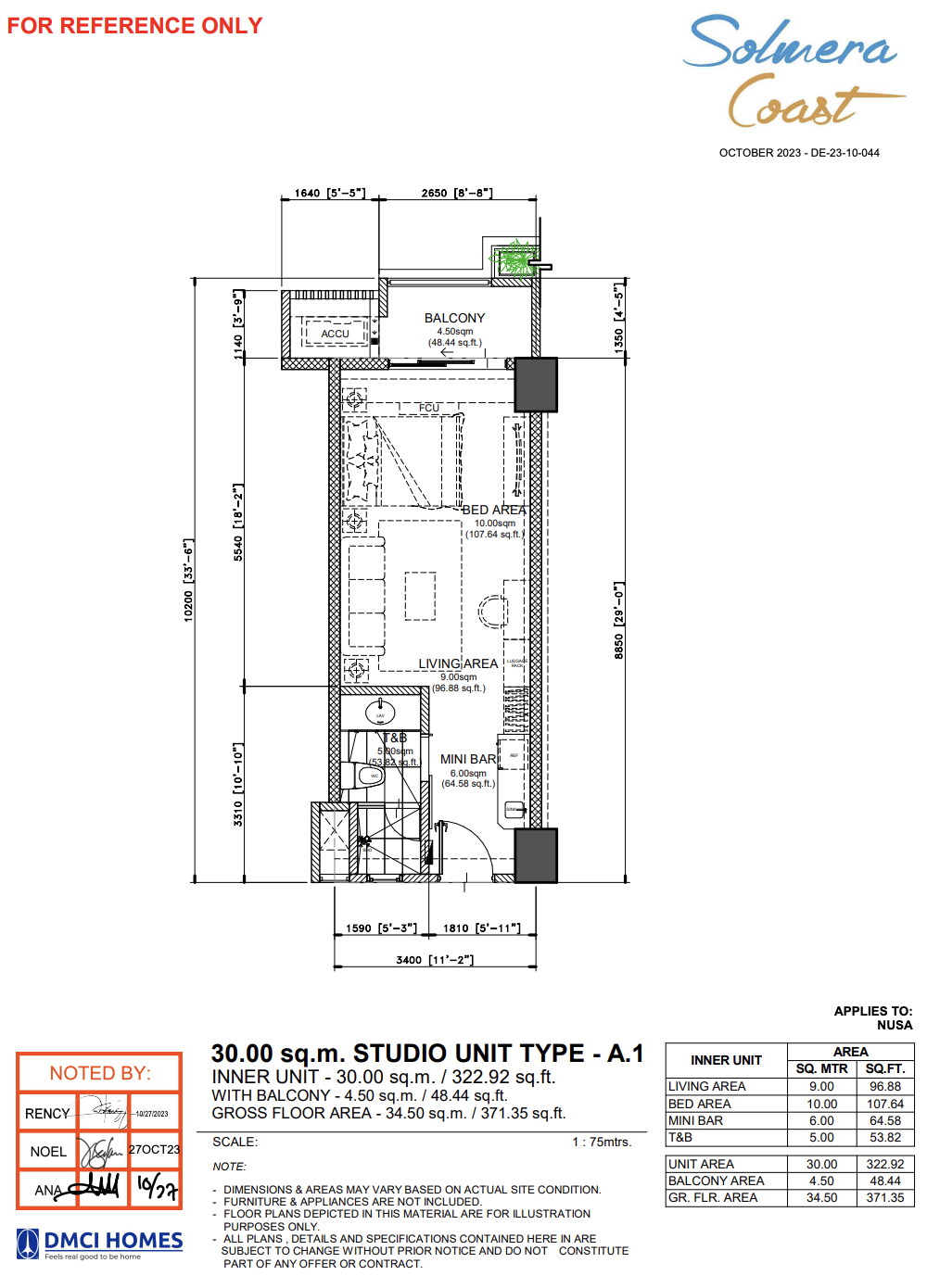 Solmera Coast Kartika Unit Type A.1 studio layout — 34.5 SQM